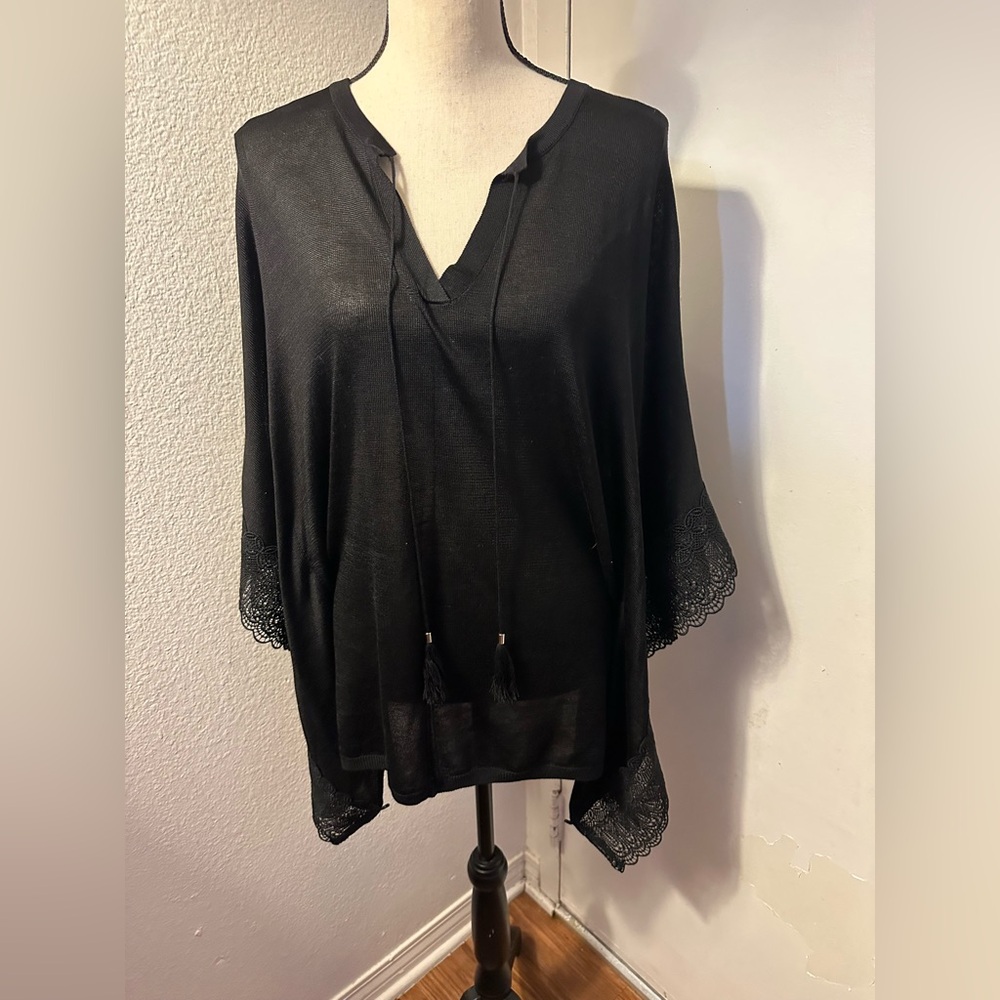 White House Black Market Black Lace Trim Poncho